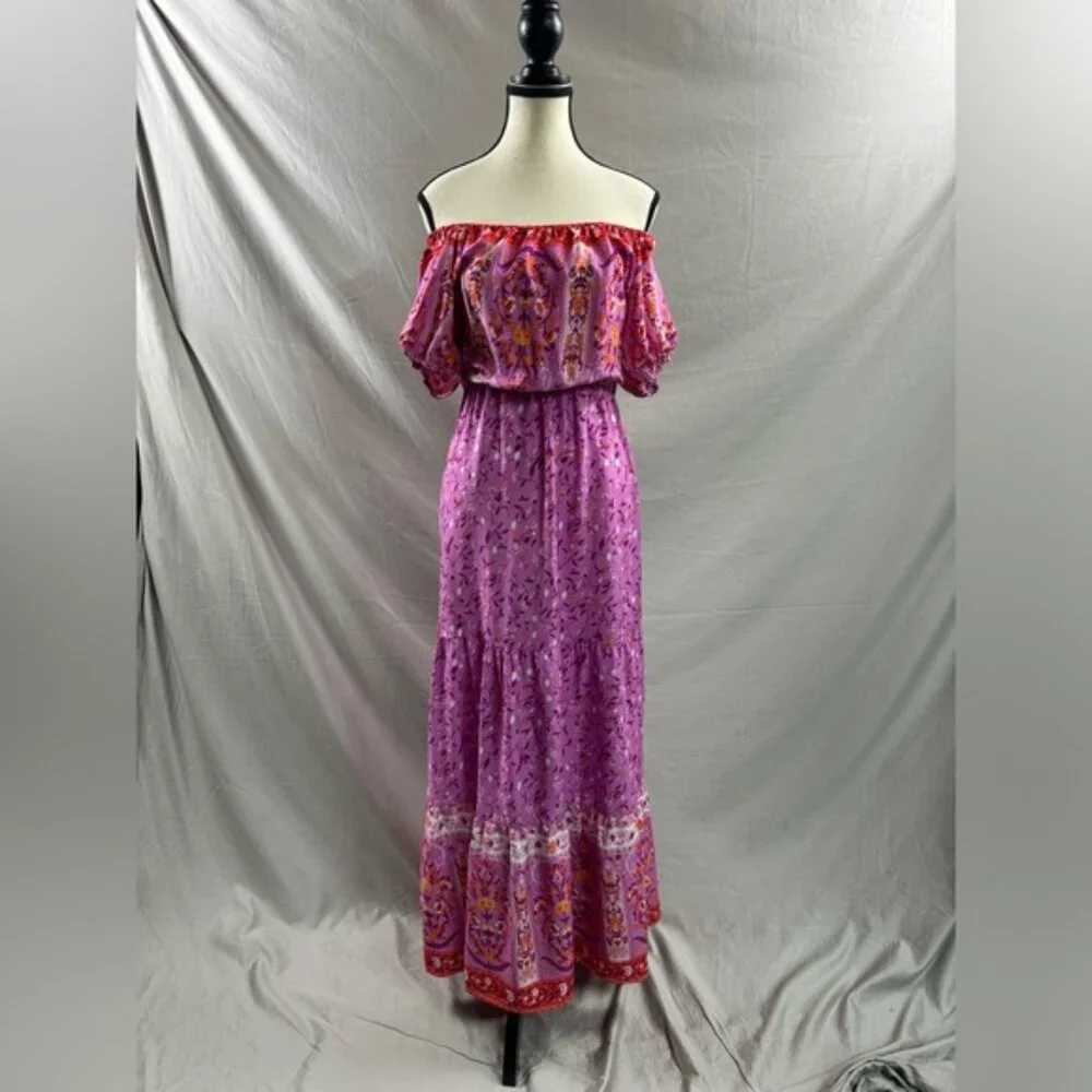 Off-Shoulder Short Sleeve Floral Printed Dress Purple/Pink
